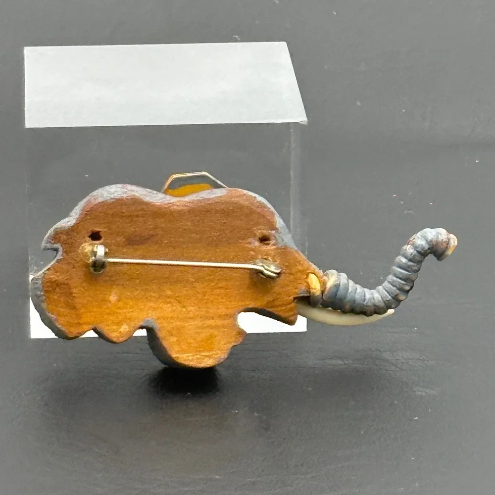 Vintage Hand Carved Wood Elephant Brooch Pin Animal Folk Art Trunk Up Brown